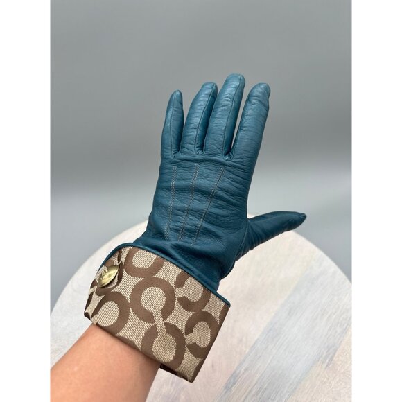 Coach Womens Green Leather Gloves With Signature Cuff Detail Size 7.5 - Picture 2 of 11